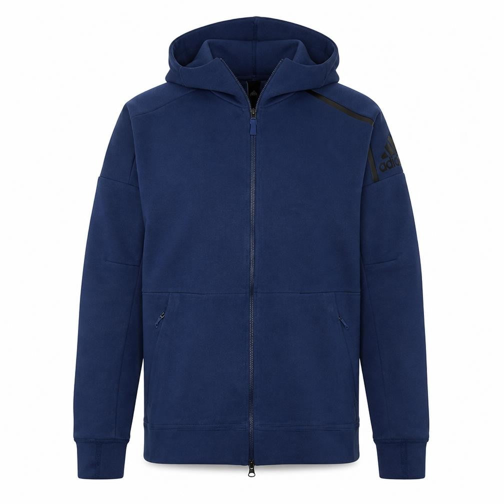 Front view of Adidas Men's Blue Full Zip Hoodie, size M, Regular Fit