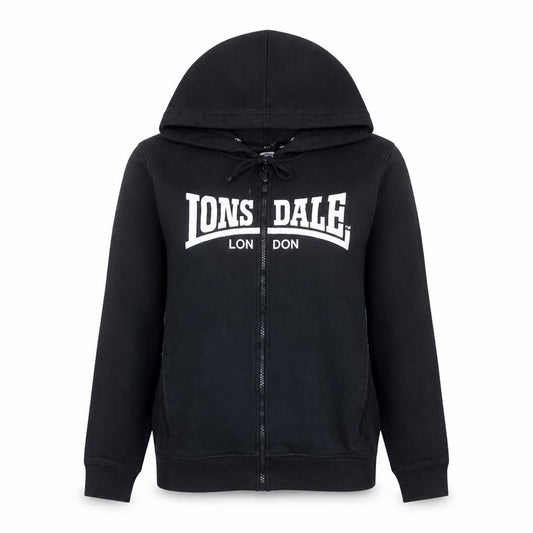 Front view of Lonsdale London women’s black full zip hoodie, size UK 10