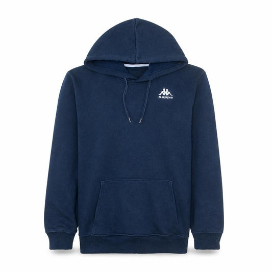 Front view of Kappa men’s blue pullover hoodie, size M, embroidered logo sportswear
