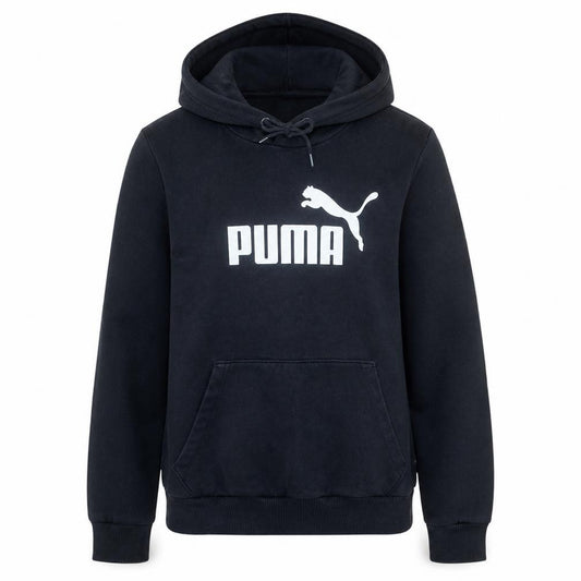 Front view of Puma women’s black pullover hoodie, size M, hooded sweatshirt