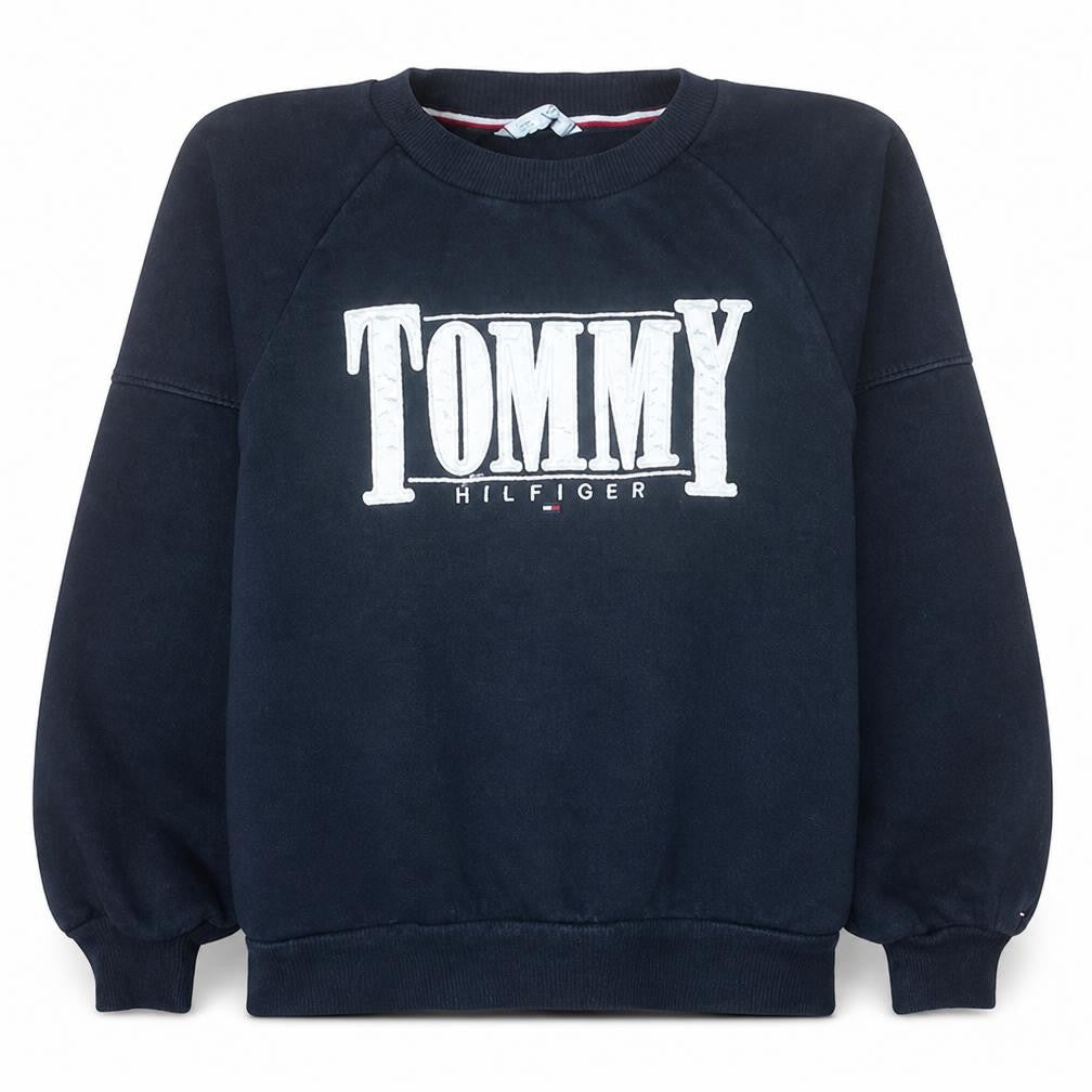 Front view of Tommy Hilfiger women’s navy sweatshirt, size UK 14, logo pullover