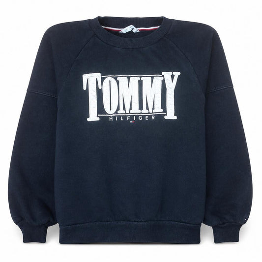 Front view of Tommy Hilfiger women’s navy sweatshirt, size UK 14, logo pullover