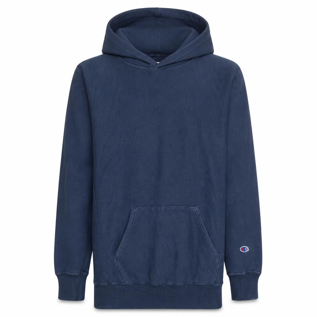 Front view of Champion men’s navy blue pullover hoodie, size L, cotton blend
