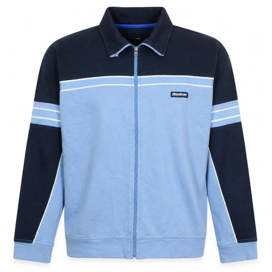 Front view of Reebok Men’s Blue Full Zip Logo Sweatshirt, size M, Vintage Sportswear