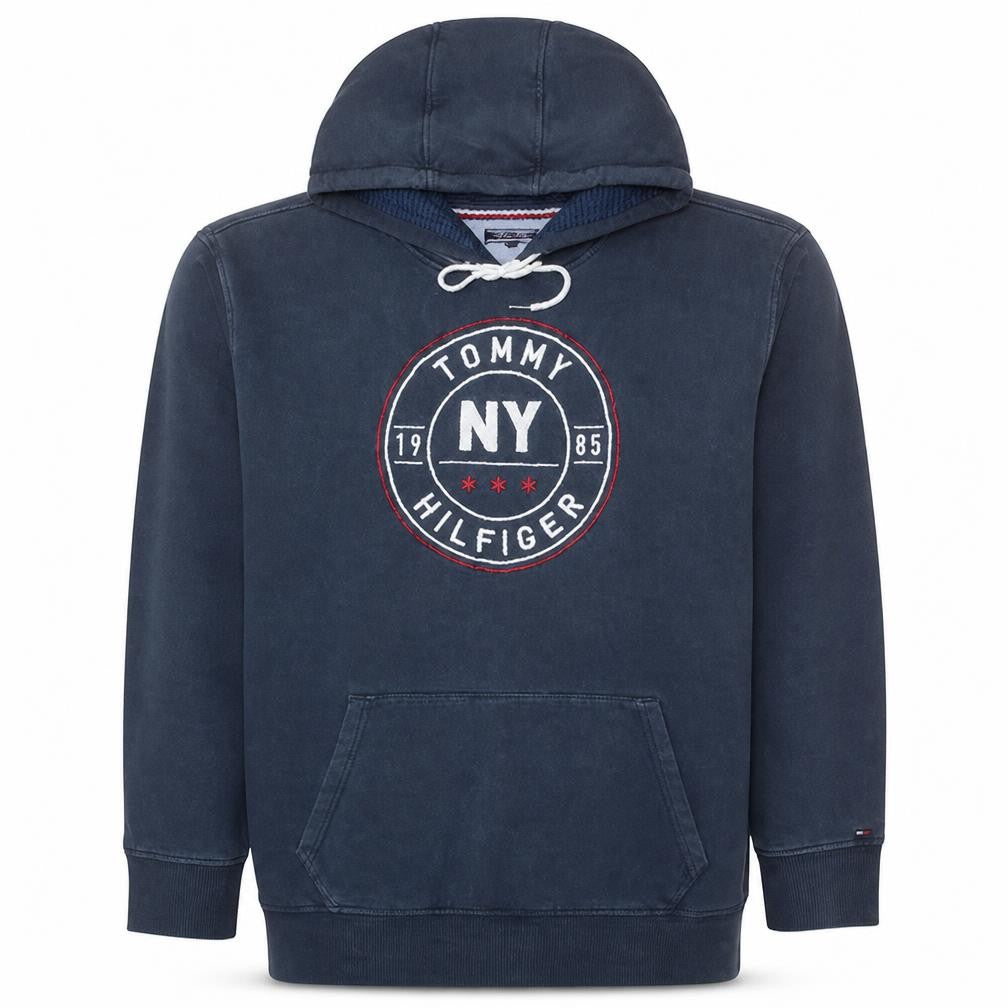 Front view of Tommy Hilfiger Men's Blue Pullover Hoodie, size M, NY Logo Sweatshirt