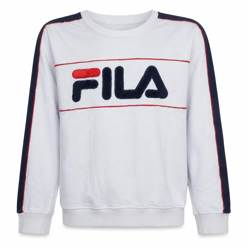 Front view of Fila Men's White Crew Neck Logo Sweatshirt, size L, Regular Fit