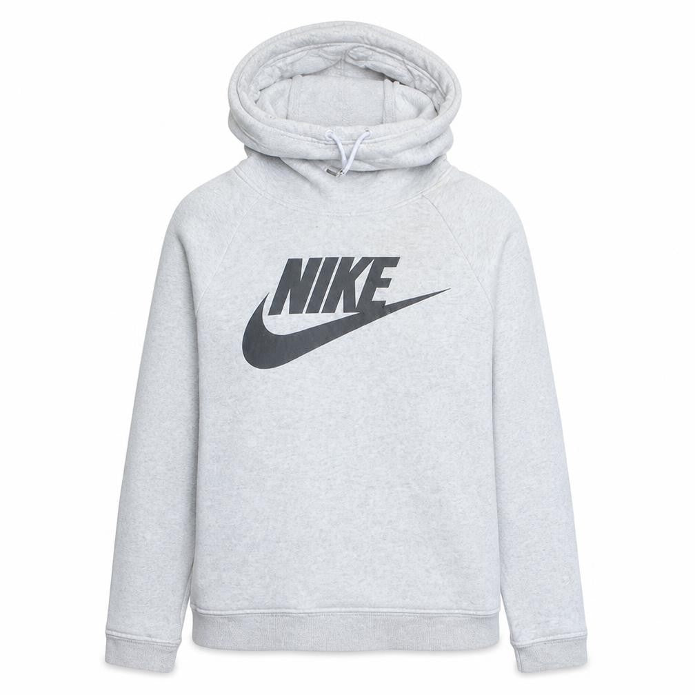 Front view of Nike Women Grey Pullover Hoodie M Logo Print Fleece Sweatshirt
