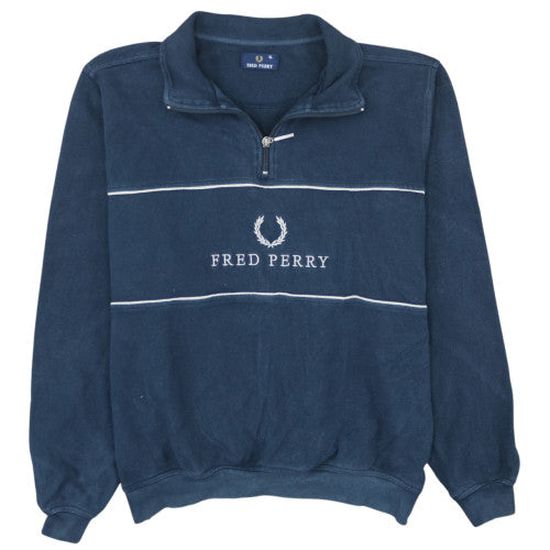 Fred Perry Men's Blue XL 1/4 Zip Cotton Logo Pullover Sweatshirt