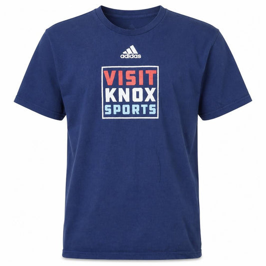 Front view of Adidas Men's Navy Blue Visit Knox Sports T-Shirt, size L, Cotton Crew Neck