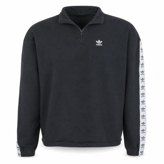 Front view of Adidas Women Black 1/2 Zip Sweatshirt, size 8, Logo Sleeve Tape