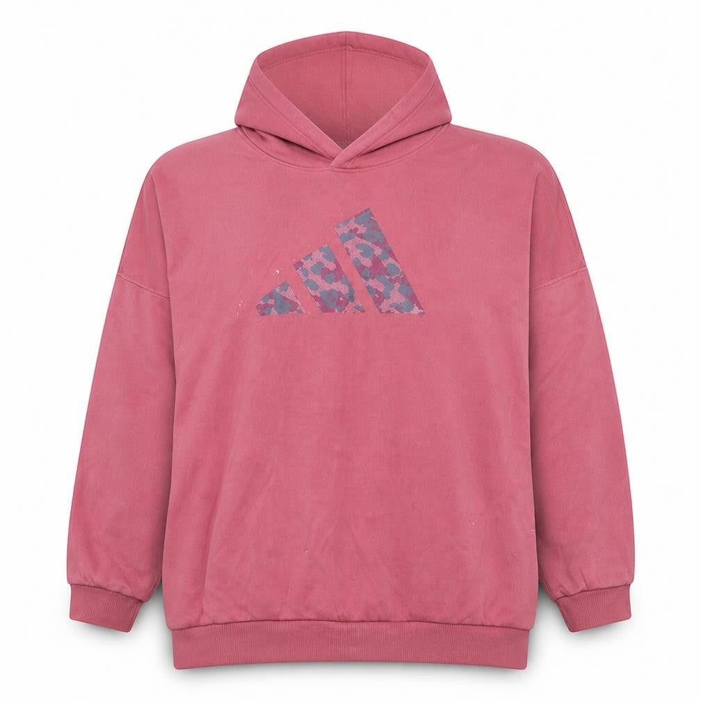 Front view of Adidas women’s pink hooded pullover sweatshirt, size UK 16 l, 100% cotton