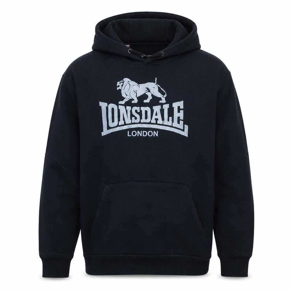 Front view of Lonsdale Men's Black Pullover Hoodie M Sports Graphic Print