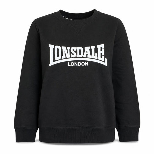 Front view of Lonsdale London Black women’s sweatshirt, size UK 12, crew neck pullover