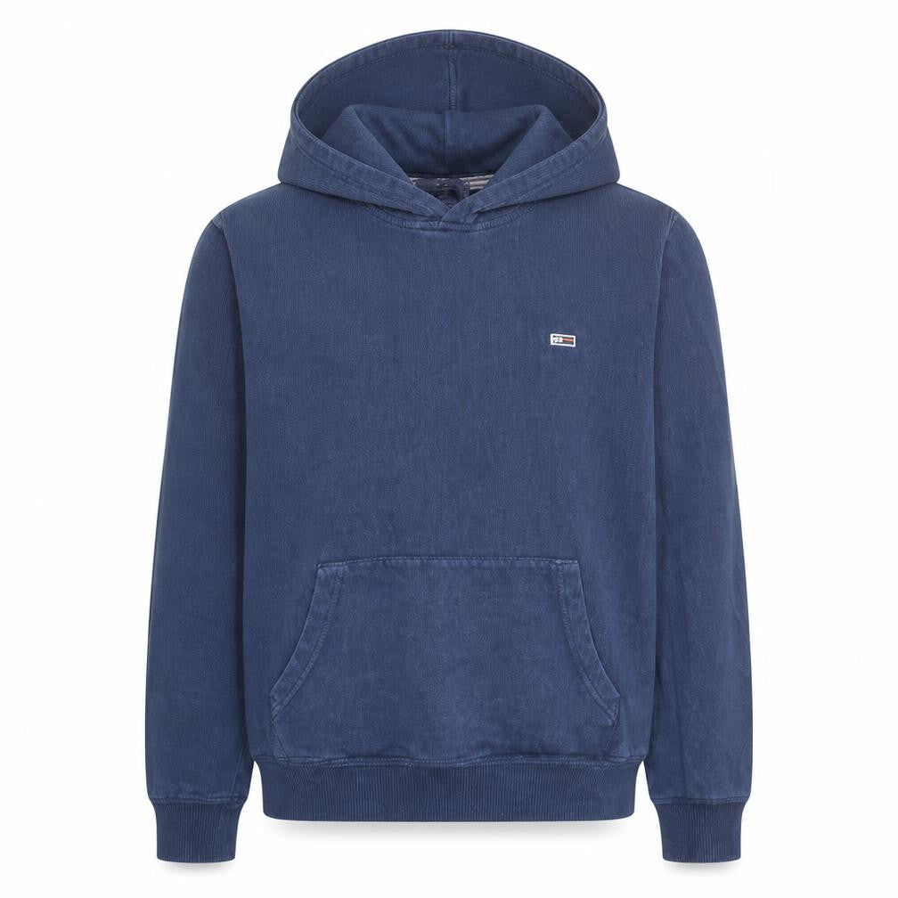 Front view of Tommy Jeans Men Blue Pullover Hoodie S Fleece Logo Drawstring