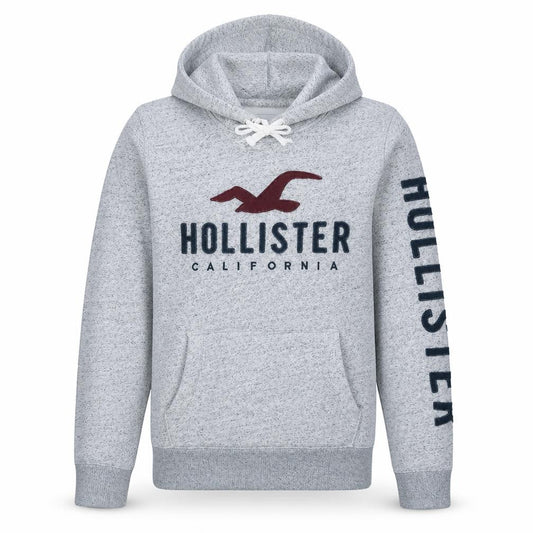 Front view of Hollister Men's Grey Pullover Hoodie M Logo Fleece Sweatshirt