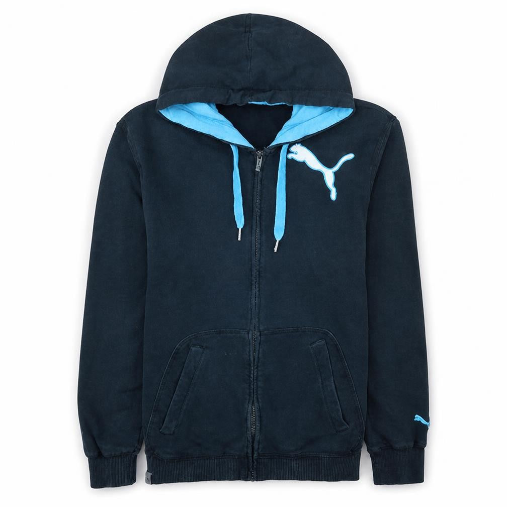 Front view of Puma Men's Black Full Zip Hoodie, size M, with Blue Lining