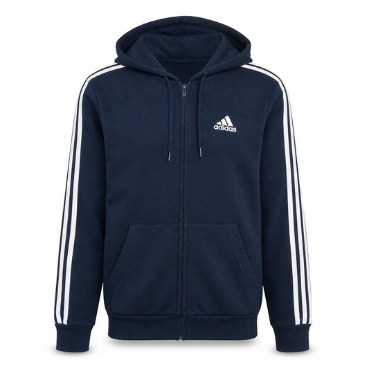 Front view of Adidas men’s blue full zip hoodie medium sports fleece sweatshirt