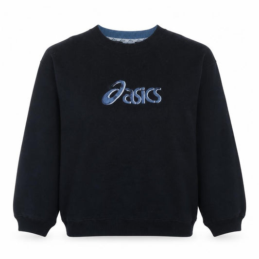 Front view of Asics Women Black L Pullover Sweatshirt Crew Neck Embroidered Logo