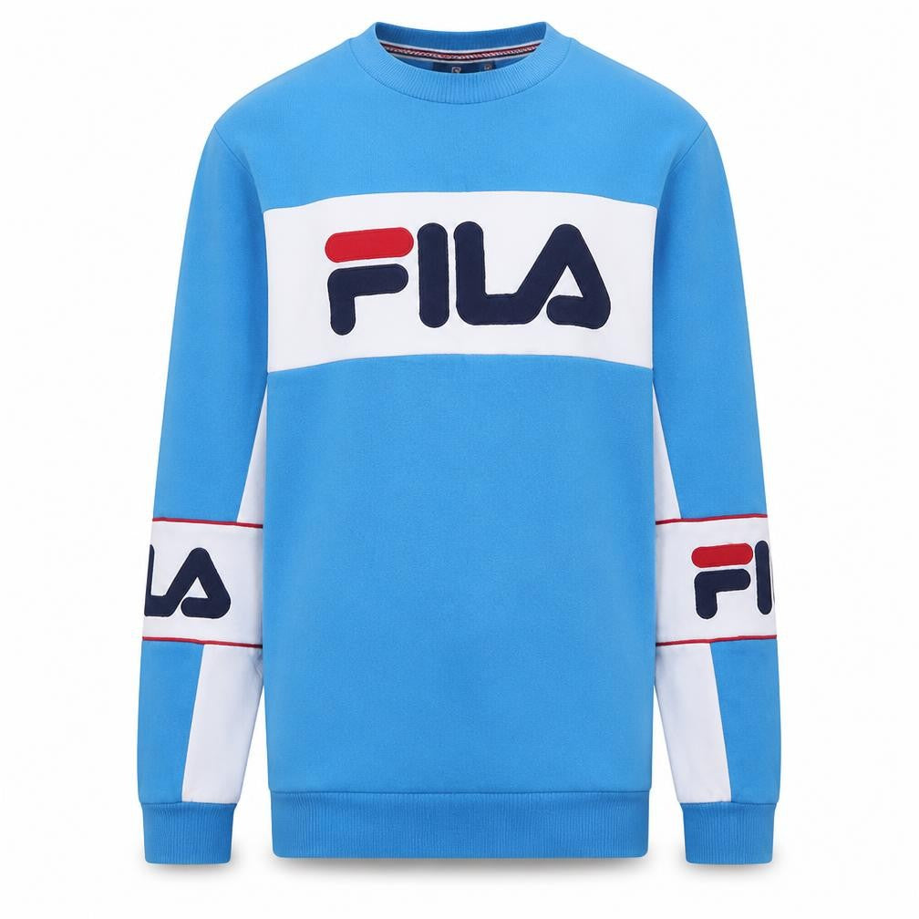 Front view of Fila men’s blue crew neck logo sweatshirt, size M, pullover