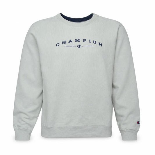 Front view of Champion men’s beige xl crew neck embroidered logo sweatshirt