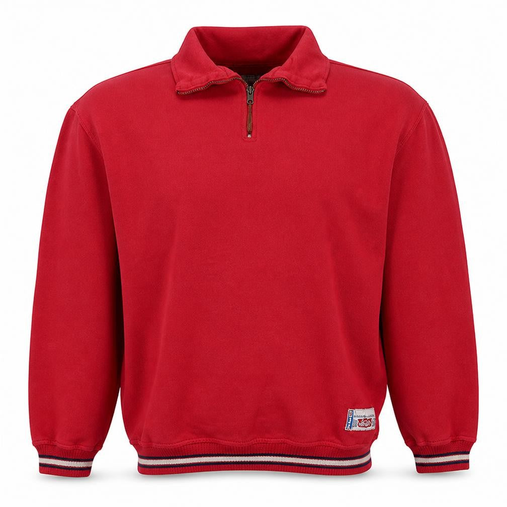 Front view of Levi’s Men’s Red 1/2 Zip Logo Sweatshirt Medium Retro Style