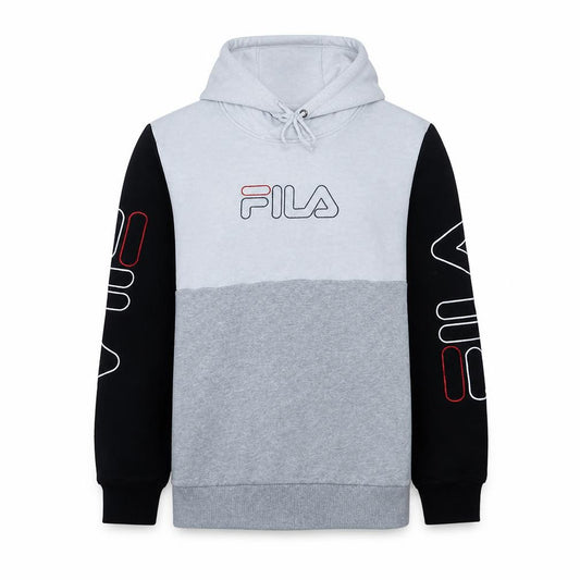 Front view of Fila Women’s Grey Black Colourblock Pullover Hoodie, size M