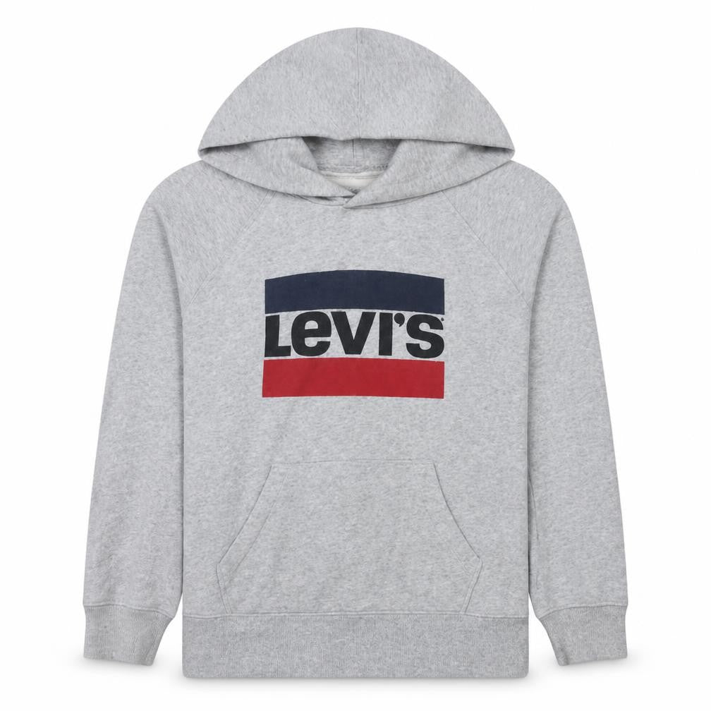 Front view of Levi's women’s grey logo hooded pullover sweatshirt, size M