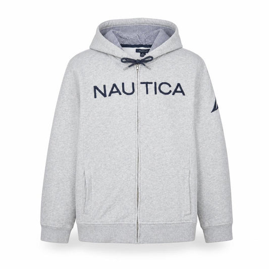 Front view of Nautica Men's Grey Full Zip Hoodie XL Classic Logo Fleece