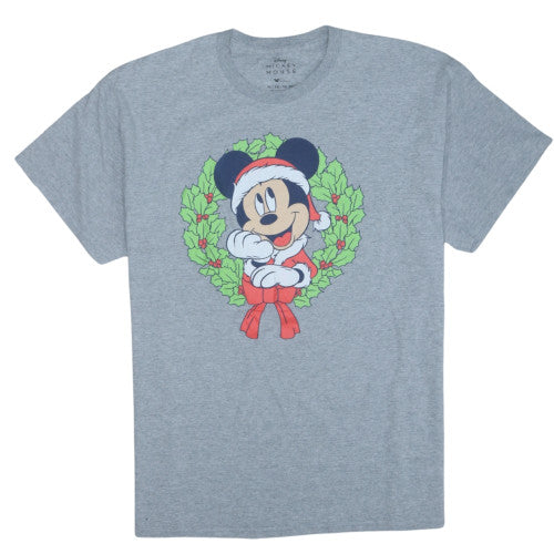 Front view of Disney Mickey Mouse Men's Grey Christmas T-Shirt XL Classic Fit