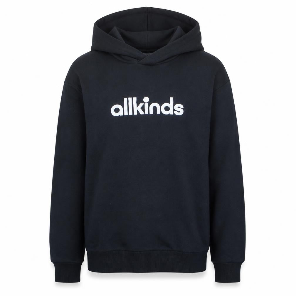 Front view of Allkinds men’s black medium pullover hoodie 100% cotton logo print