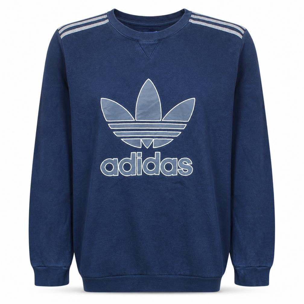 Front view of Adidas men’s blue xl crew neck pullover sweatshirt classic logo