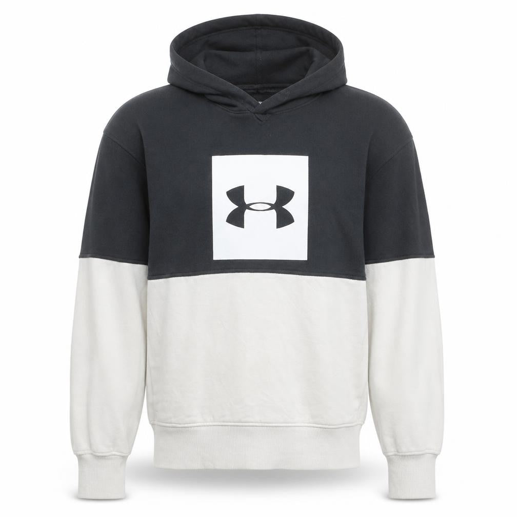 Front view of Under Armour Men's Black White Pullover Hoodie, size L, Regular Fit