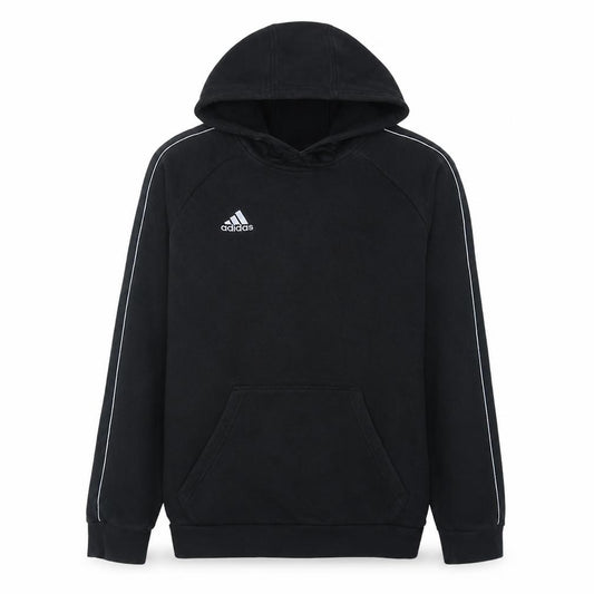 Front view of Adidas Men's Black Medium Pullover Hoodie with Logo and Kangaroo Pocket