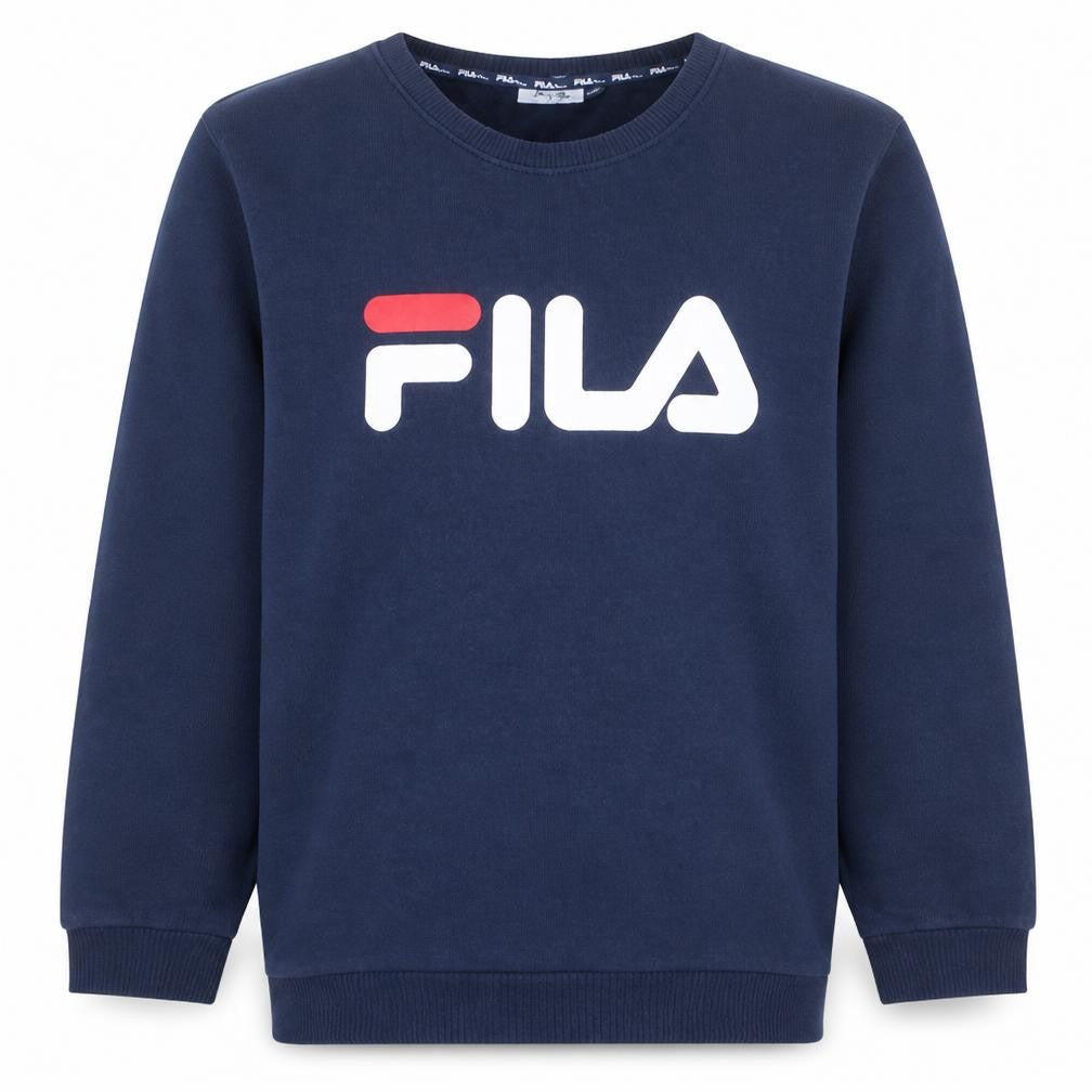 Front view of Fila men’s blue small pullover sweatshirt logo graphic