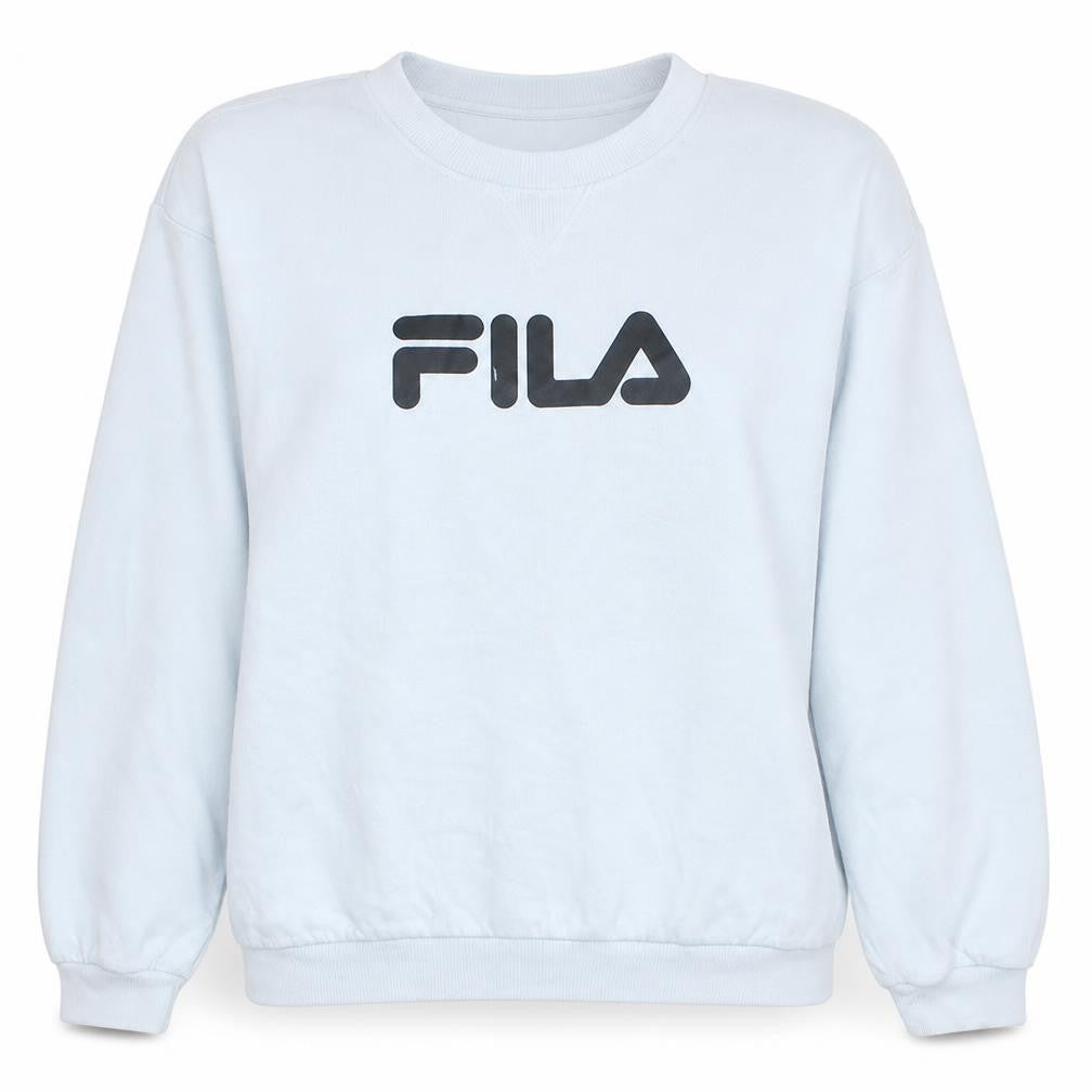 Front view of Fila women’s white xl pullover sweatshirt logo print casual
