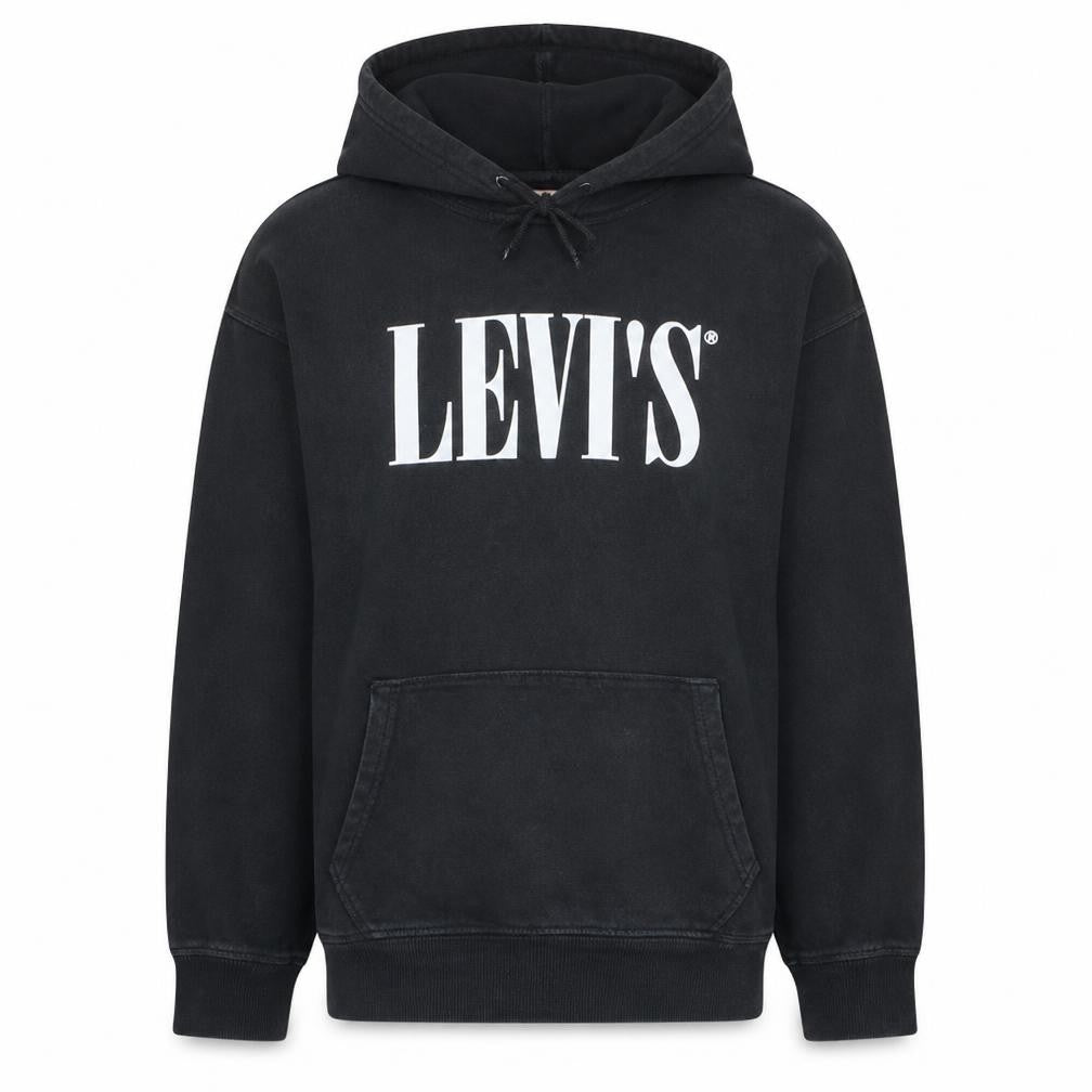Front view of Levi's Men's Black Pullover Hoodie M Relaxed Fit Fleece Logo Sweatshirt