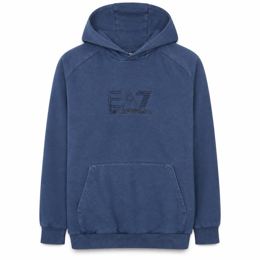 Front view of Emporio Armani EA7 Men's Blue Pullover Hoodie, size L, Logo Fleece Sweatshirt