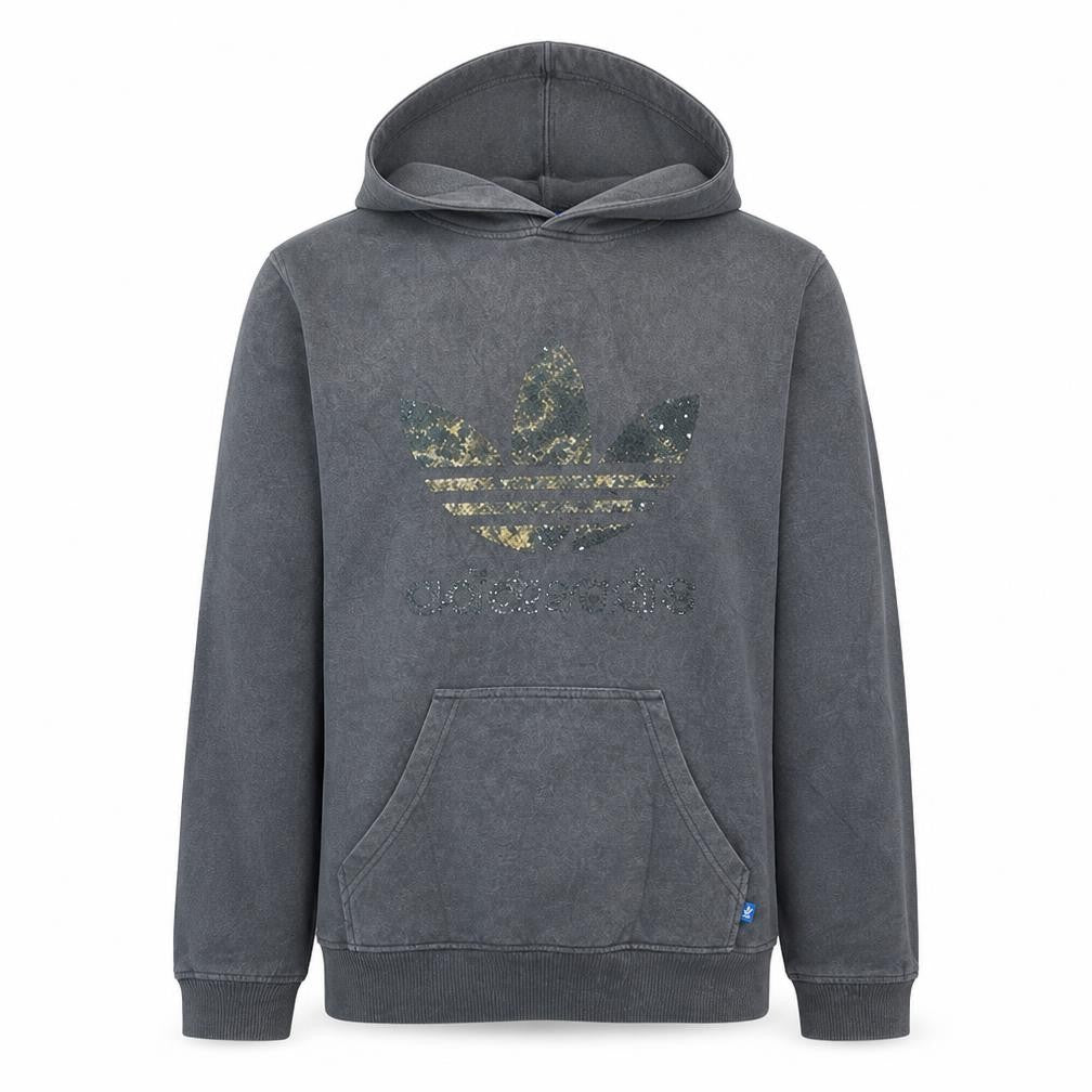 Front view of Adidas Men's Grey Pullover Hoodie, size M, Graphic Trefoil Fleece