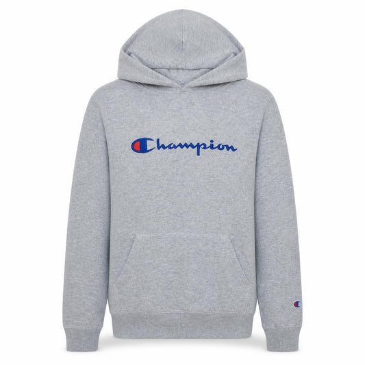 Front view of Champion women’s grey xl pullover hoodie with logo print