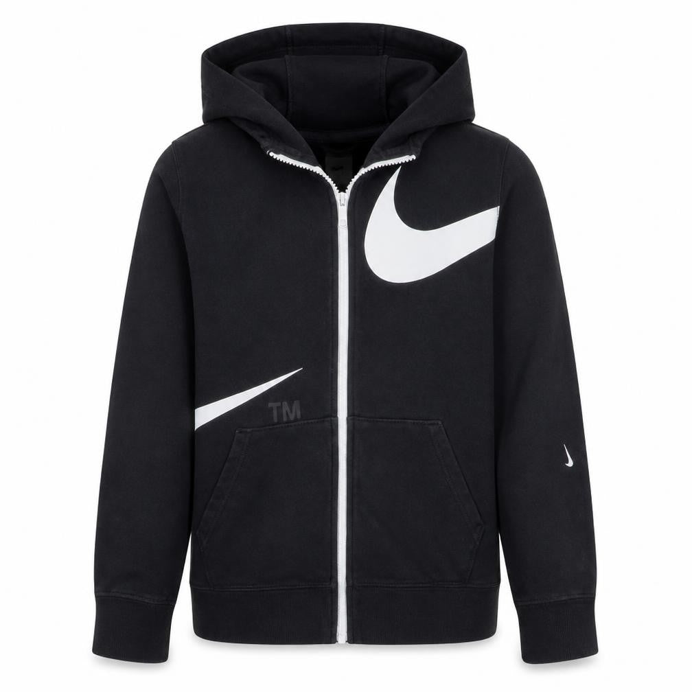 Front view of Nike boys’ black xl full zip hoodie with logo graphic
