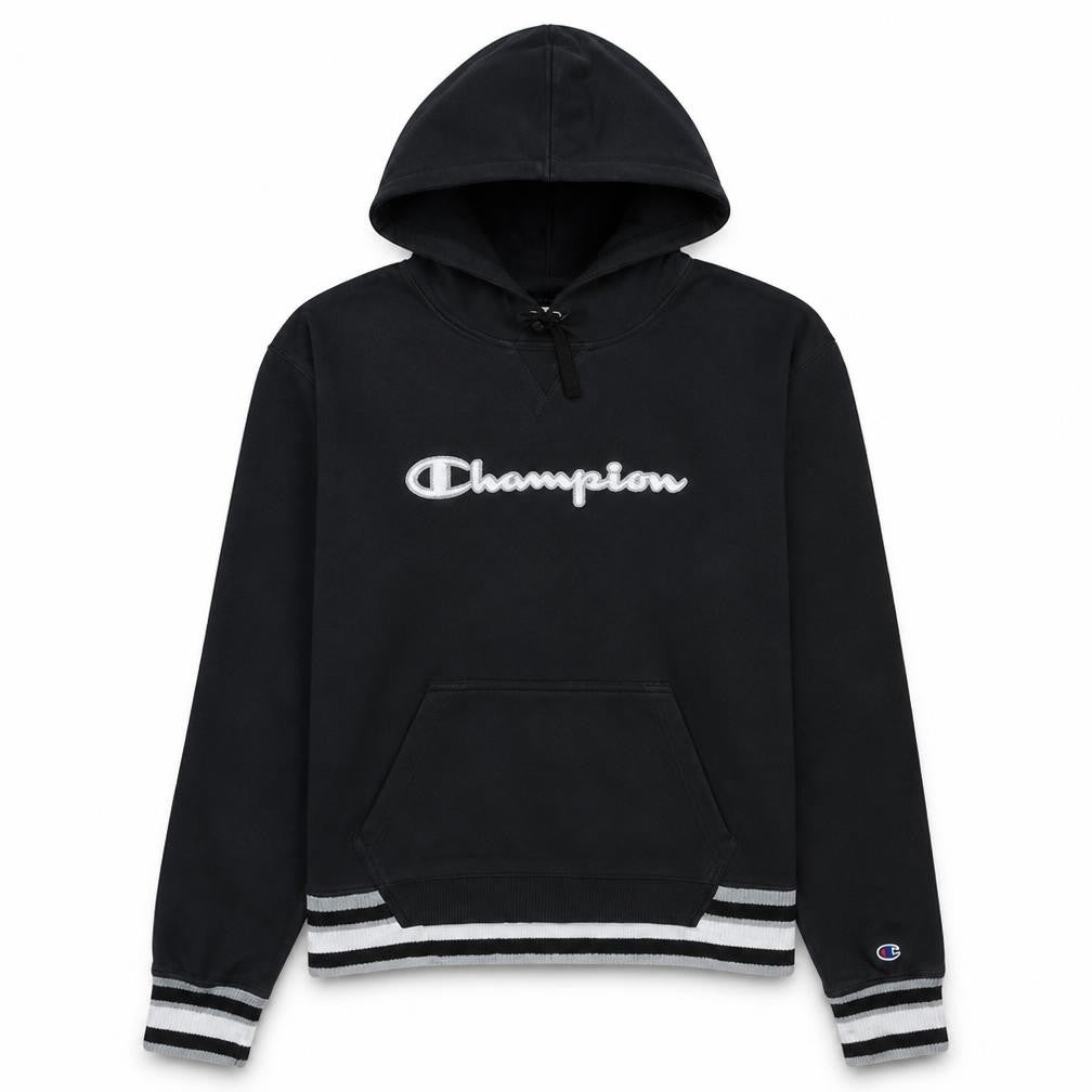 Front view of Champion women’s black medium pullover hoodie with logo