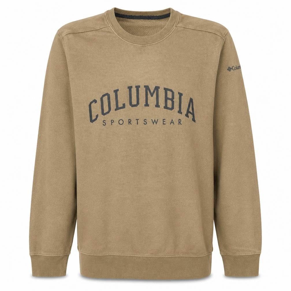 Front view of Columbia men’s brown crew neck pullover sweatshirt, size S