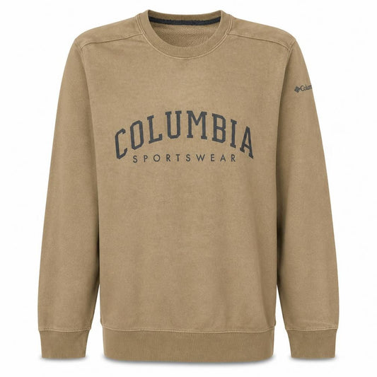 Front view of Columbia men’s brown crew neck pullover sweatshirt, size S
