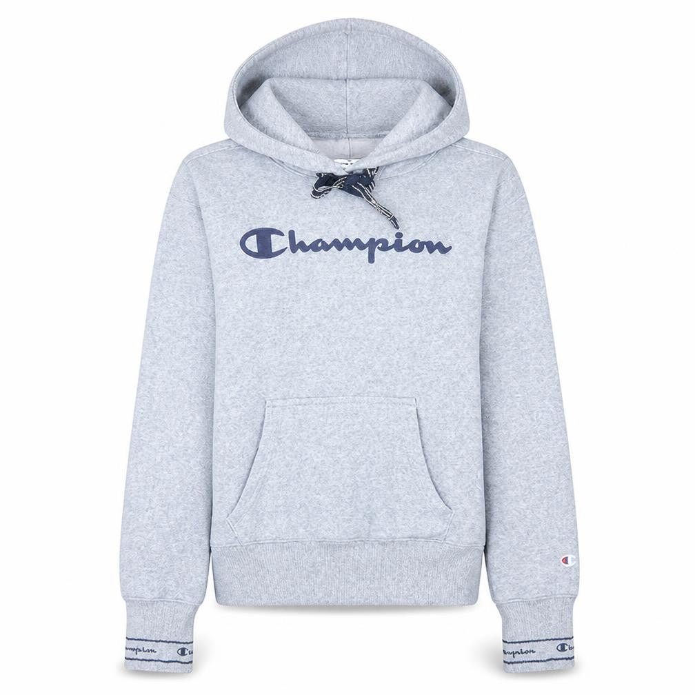 Front view of Champion women’s grey pullover hoodie xs cotton blend logo casual