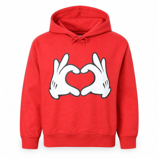 Front view of Disney Women Red Pullover Hoodie, size M, Mickey Hands Heart Graphic
