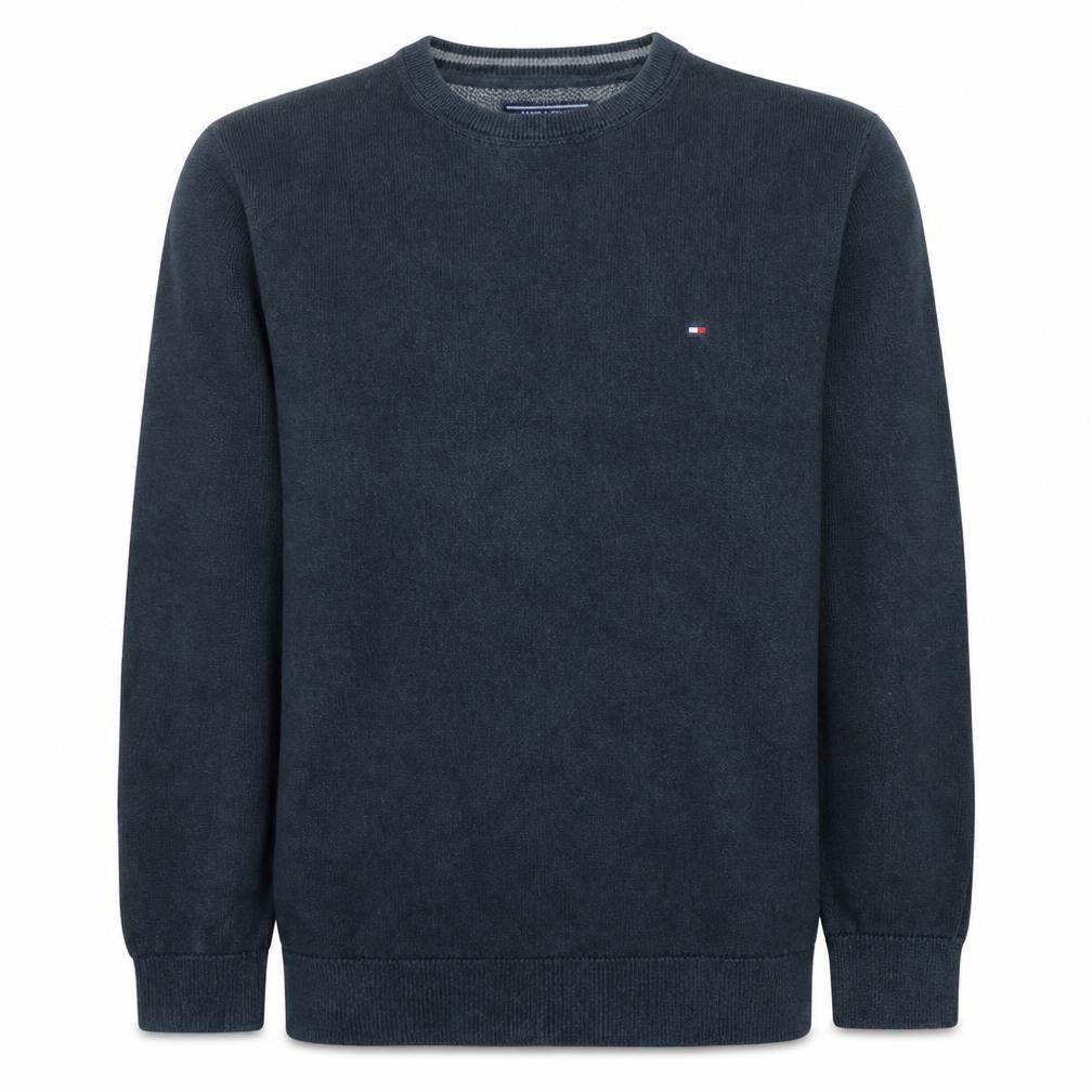 Front view of Tommy Hilfiger Men's Blue Cotton Crew Neck Jumper, size L