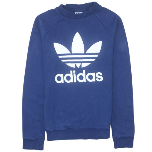 Adidas Women Blue 2XS Pullover Sweatshirt Crew Neck Logo Raglan