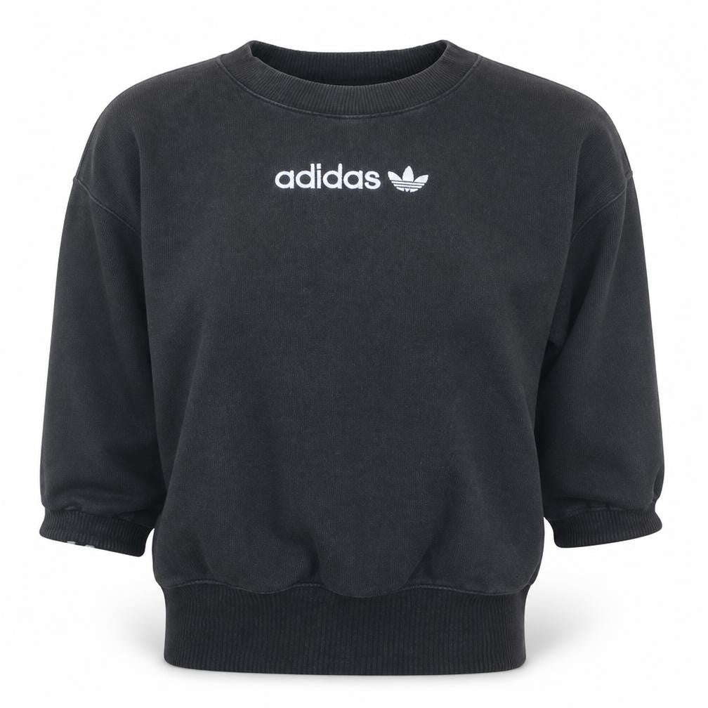 Front view of Adidas women’s black crew neck pullover sweatshirt uk 4 logo detail