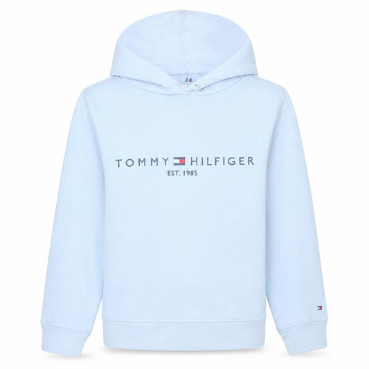 Front view of Tommy Hilfiger women’s light blue xs pullover hoodie logo cotton blend
