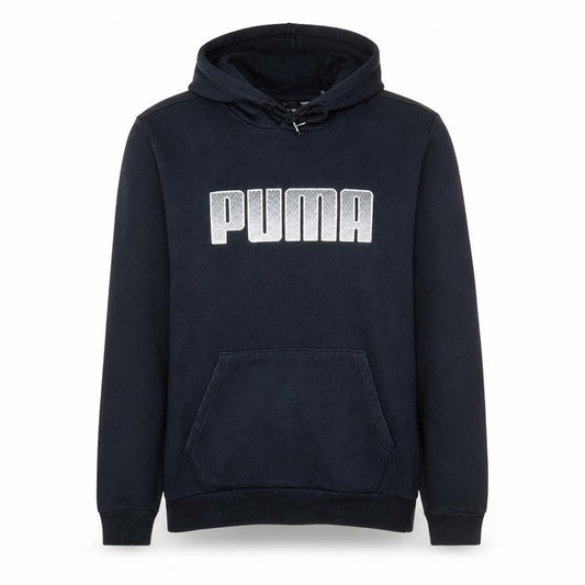 Front view of Puma men’s black l pullover hoodie with logo print